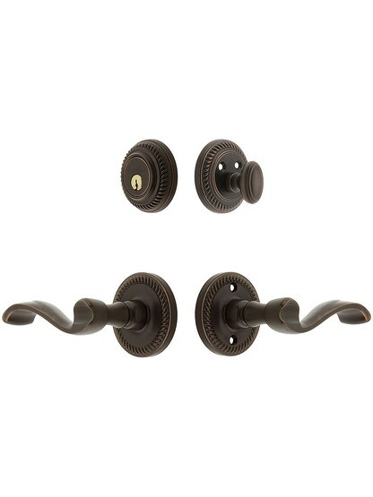 Grandeur Newport Entry Door Set, Keyed Alike with Portofino Levers Left Handed in Oil-Rubbed Bronze.